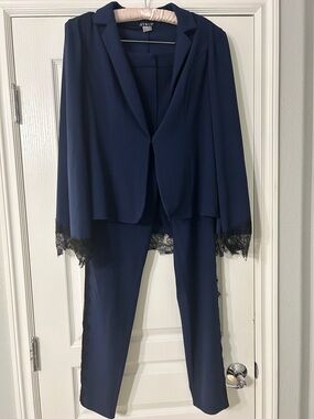 Venus Navy Lace-Trim Pant Suit